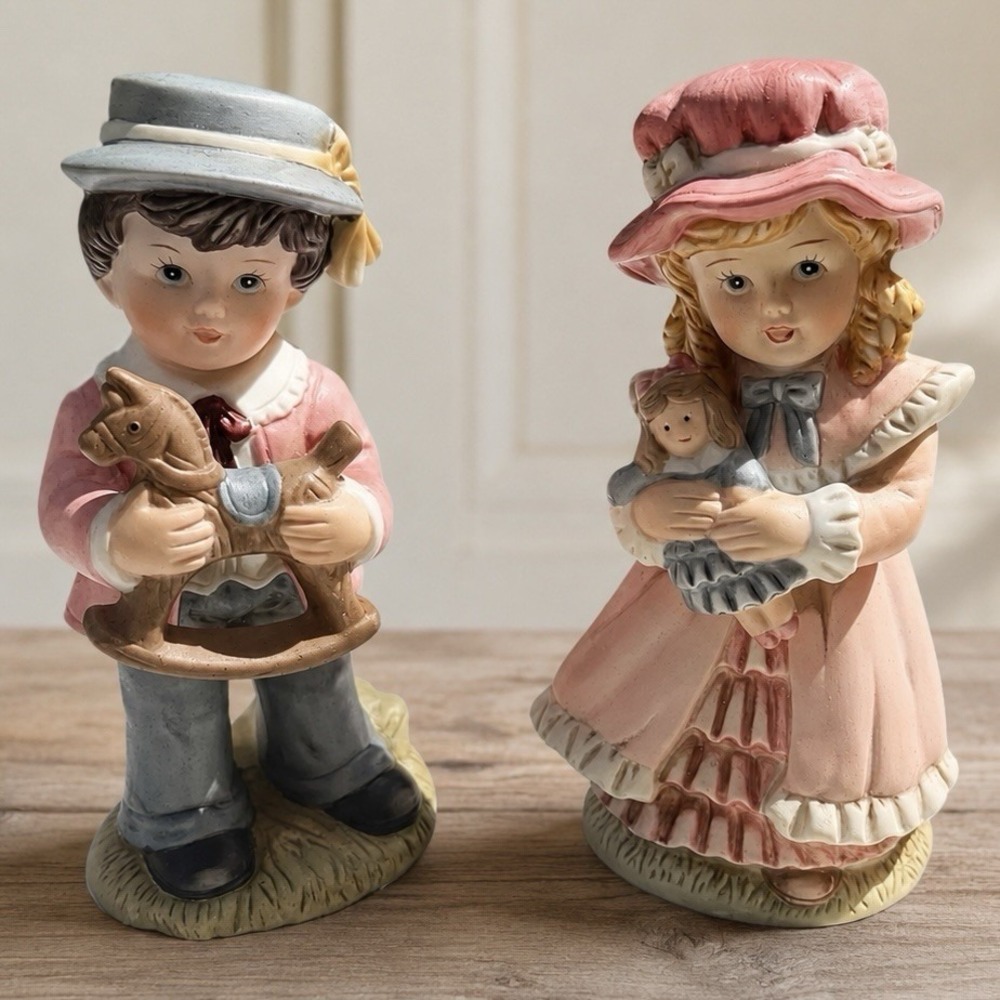 VTG Victorian Girl & Boy Figurines  6"Holding Doll & Rocking Horse HOMCO #1419